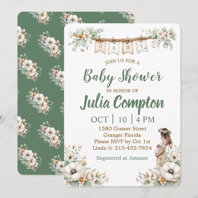 Rustic Floral Baby Shower Invitation  (Devant / Derrière)