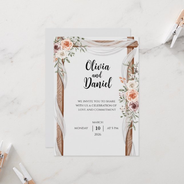 Rustic Floral Wedding Invitation with Wooden Arch (Devant/Arrière en situation)