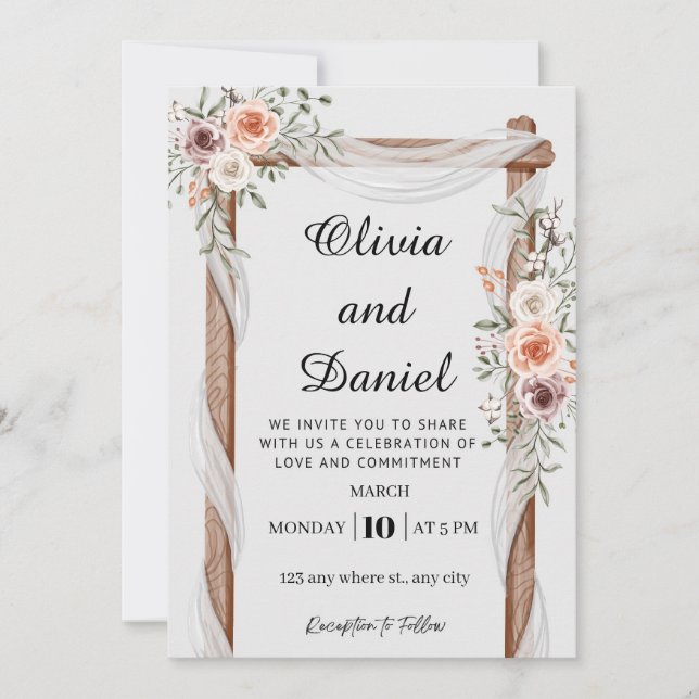 Rustic Floral Wood Arch Wedding Invitation (Devant)