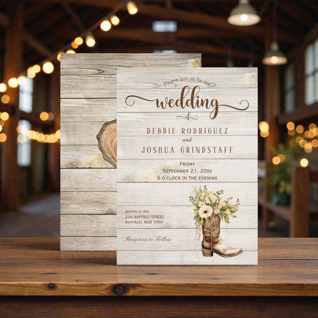 Rustic Flower Boot on Wood Wedding Invitation (Créateur téléchargé)