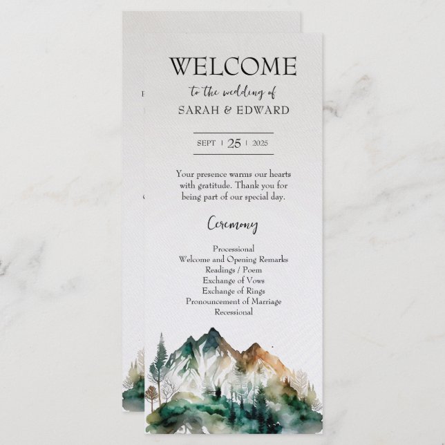 Rustic Forest Mountain Wedding Programme (Devant / Derrière)