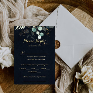 Rustic Gold Floral Mariage Blue Menu Choix RSVP