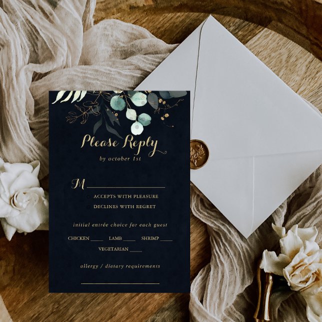 Rustic Gold Floral Mariage Blue Menu Choix RSVP (Créateur téléchargé)