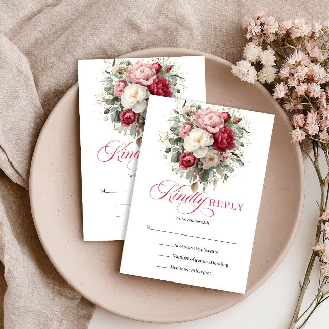 Rustic Gold Red Blush Floral Wedding RSVP Card (Rustic Gold Red Blush Floral Wedding RSVP Card)