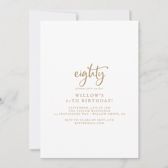Rustic Gold Script 80th Birthday Party Invitation (Devant)