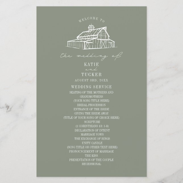 Rustic Grange Sage Green Farm Wedding Programme (Devant)