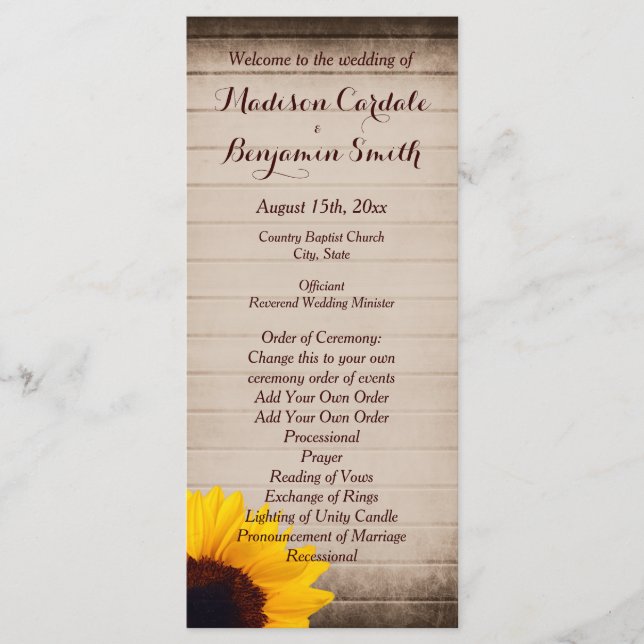 Rustic Grange Wood Sunflower Programmes de mariage (Devant)