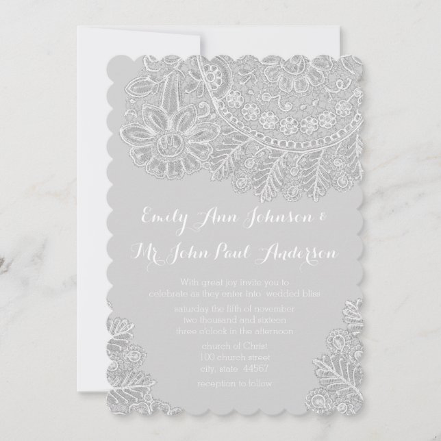 Rustic Grey Heirloom Dentelle Mariage Invitations (Devant)