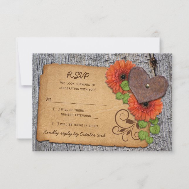 Rustic Heart Orange Daisy Mariage campagnard RSVP (Devant)
