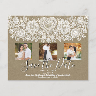 Rustic Heart White Lace Kraft Photo Enregistrer la