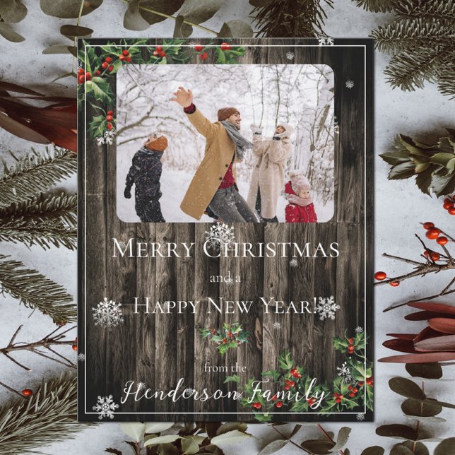 Rustic Holly Branches Flat Carte photo (Rustic Holly Branches Flat Holiday Photo Card)