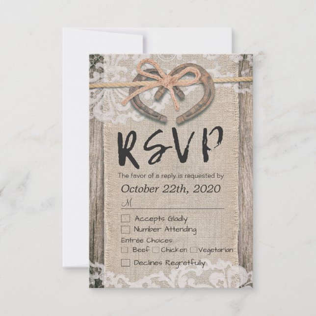 Rustic Horseshoes Burlap Lace Wedding RSVP Réponse (Devant)