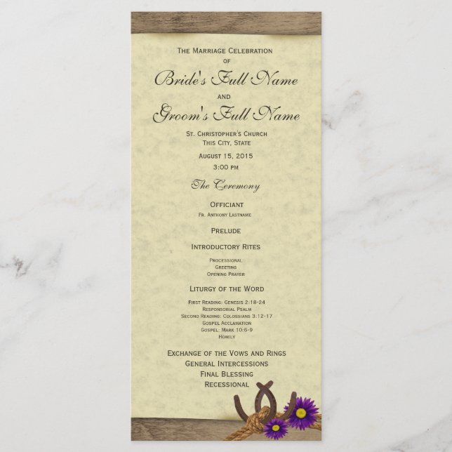 Rustic Horseshoes Purple Daisy Wedding Programme (Devant)