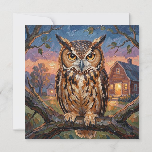 Rustic Impasto Great Horned Owl Blank (Devant)