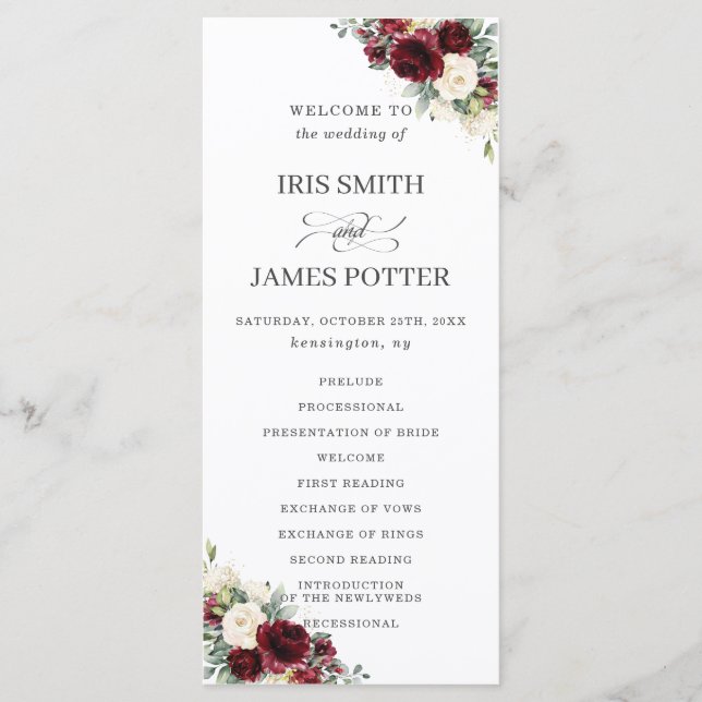 Rustic Ivory Bourgogne Floral Wedding Programme (Devant)