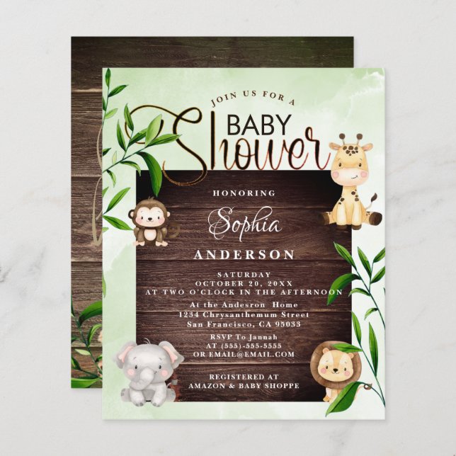 Rustic Jungle Safari Animaux baby shower verdoyant (Devant / Derrière)