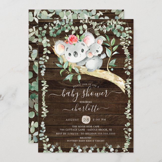 Rustic Koala Bear Boys Baby shower Invitation (Devant / Derrière)