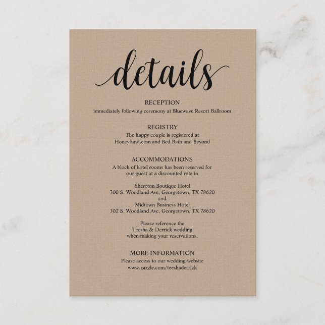 Rustic Kraft Black Mariage Détails Carte de boîtie (Devant)