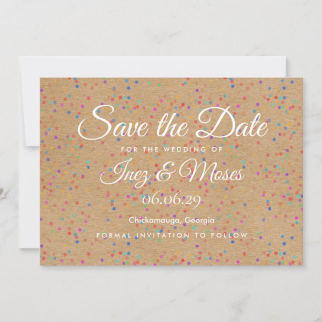 Rustic Kraft Confettis Arc-en-ciel Save the Date (Devant)