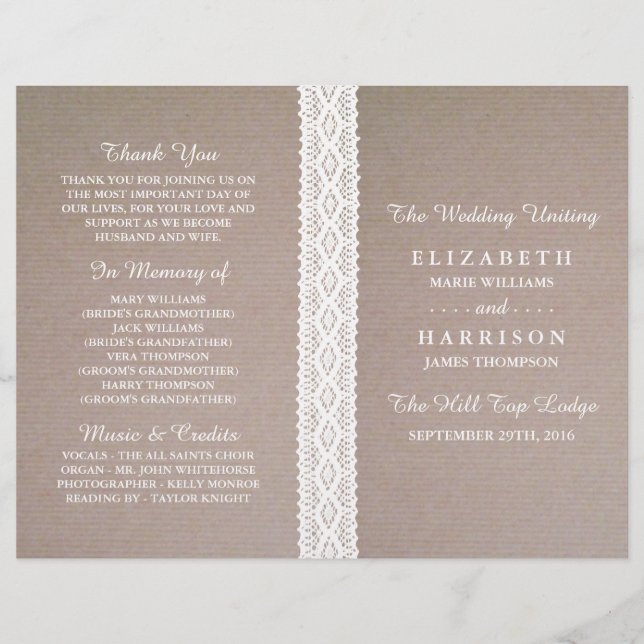 Rustic Kraft & Vintage White Lace Wedding Programm (Devant)