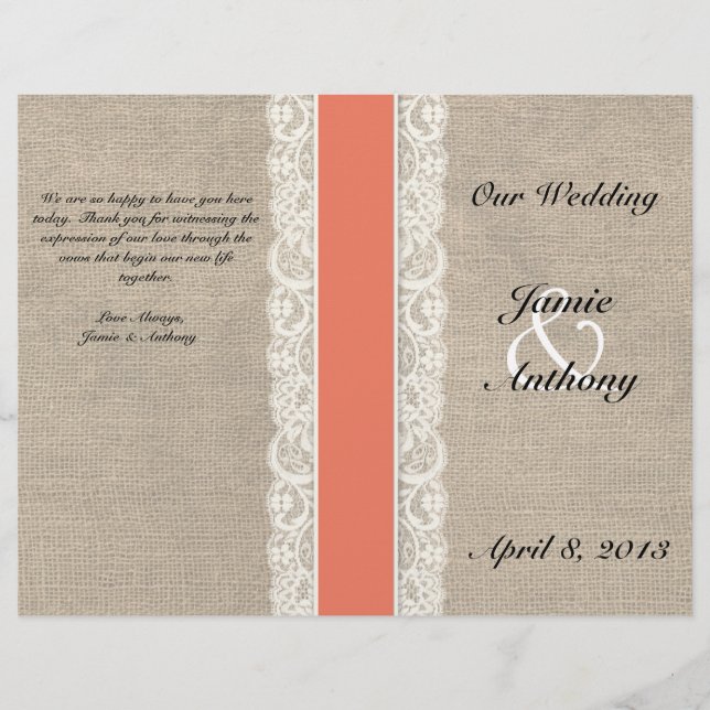 Rustic Lace & Burlap Coral Ribbon Wedding Programm (Devant)