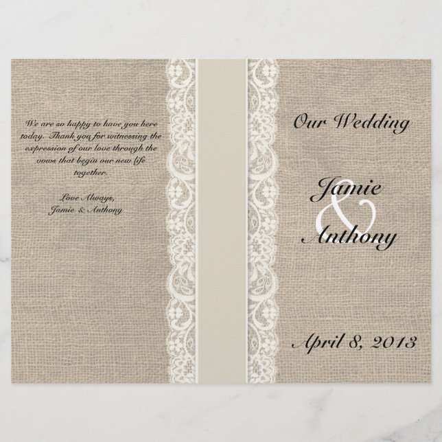 Rustic Lace & Burlap Ivory Ribbon Wedding Programm (Devant)