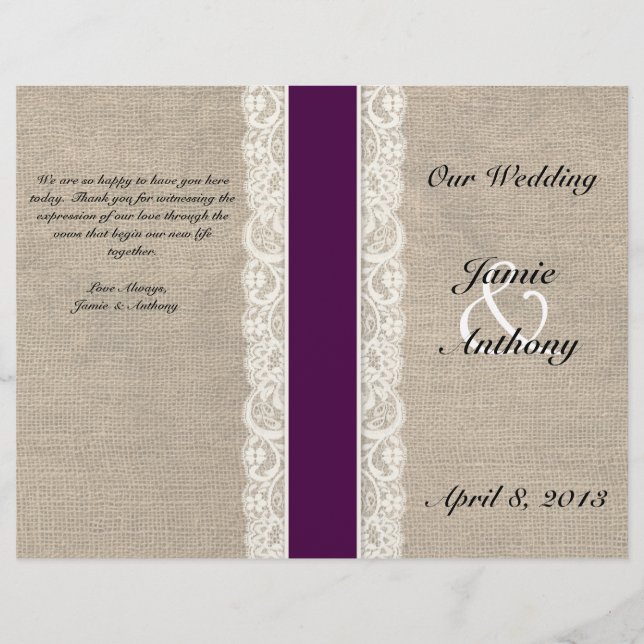 Rustic Lace & Burlap Plum Ribbon Wedding Programme (Devant)