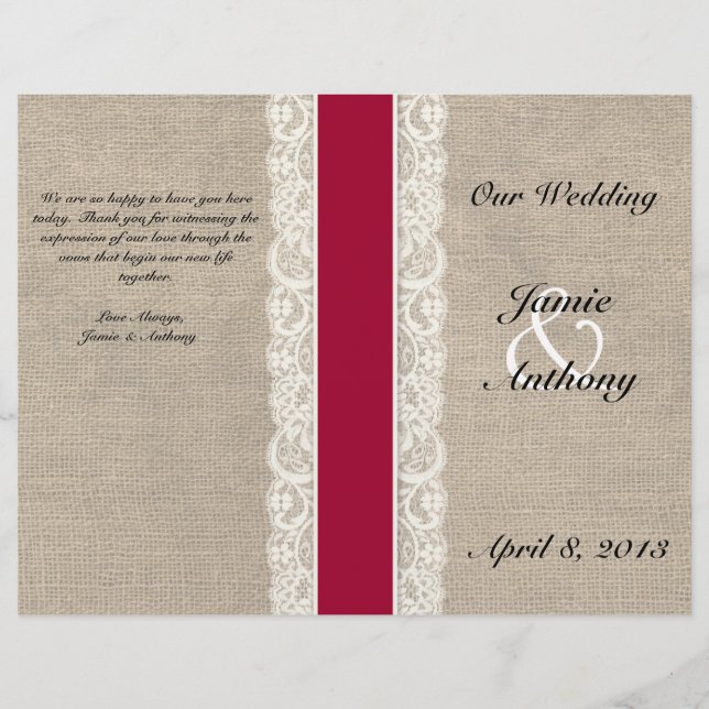 Rustic Lace & Burlap Red Ribbon Wedding Programme (Devant)