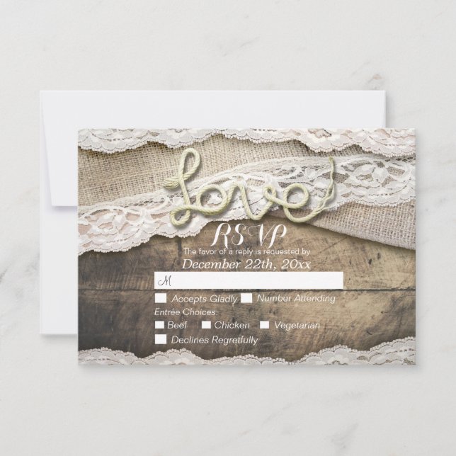 Rustic Love Rope Burlap Lace Wedding RSVP Répondre (Devant)