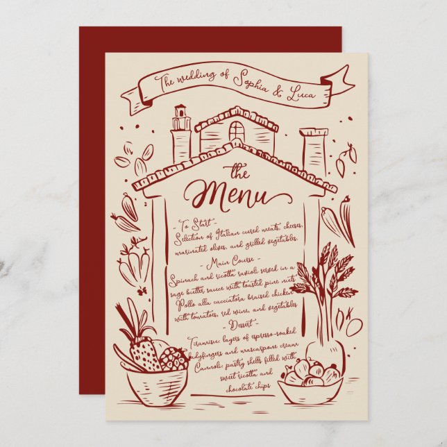 Rustic Main Drake Italien Menu Mariage Crème Rouge (Devant / Derrière)