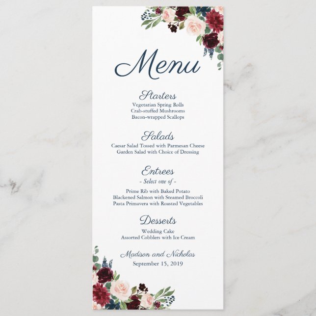Rustic Marine Marsala Floral Mariage Menu Cartes e (Devant)
