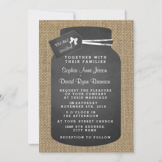 Rustic Mason Jar Burlap Invitations de mariage (Devant)