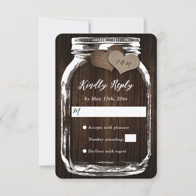 Rustic Mason Jar Grange Bois Burlap Mariage RSVP (Devant)