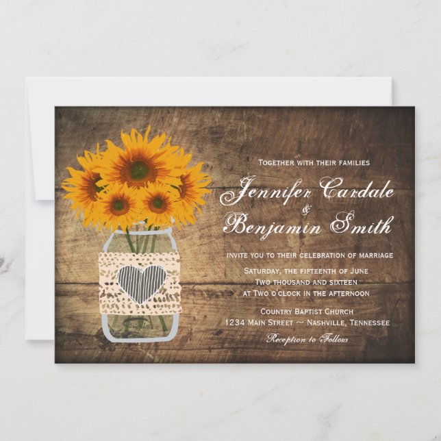 Rustic Mason Jar Sunflower Invitations de mariage (Devant)