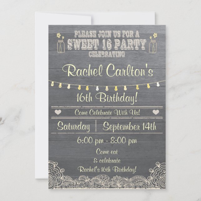 Rustic Mason Jar Sweet 16Anniversaire Invitation d (Devant)
