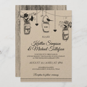 Rustic Mason Jar Wood Kraft Invitations de mariage