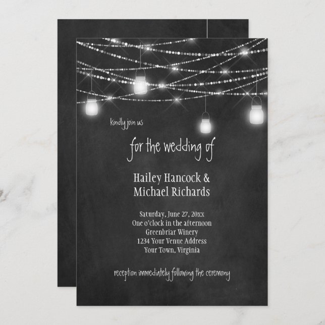 Rustic Mason Jars Lights Chalkboard Invitations (Devant / Derrière)