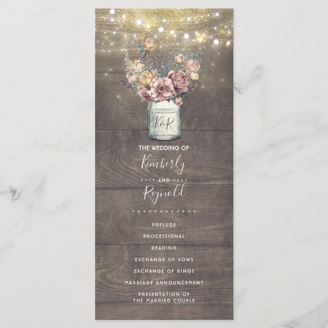 Rustic Mauve Gold Floral Mason Jar Programme de ma (Devant)
