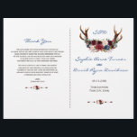 Rustic Merlot Marine Floral Antlers Programme de m<br><div class="desc">Un design rustique et bohème pour des événements spéciaux, toutes saisons ! Ce design comprend des bois de cerfs, des merlots d'aquarelle, des bouquets de fleurs bleu marine, des flèches avec les mêmes fleurs. Utilisez l'outil Personnaliser pour ajouter vos informations. Pour plus d'informations, visitez s'il vous plaît, ma Merlot Navy...</div>