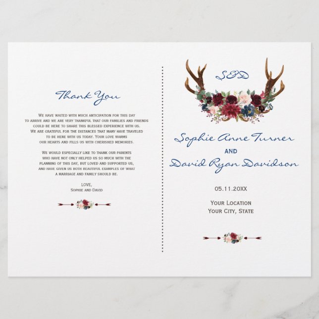 Rustic Merlot Marine Floral Antlers Programme de m (Devant)