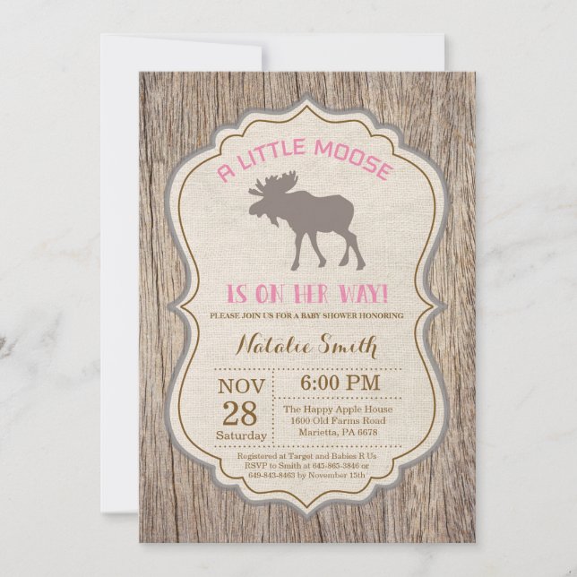 Rustic Moose Baby shower Invitation Girl (Devant)
