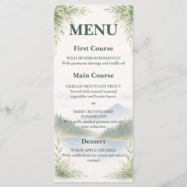 Rustic Mountain Forest Watercolor Wedding Menu (Devant)