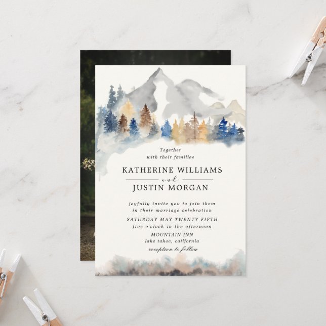 Rustic Mountain Mariage Photo Invitation (Devant/Arrière en situation)