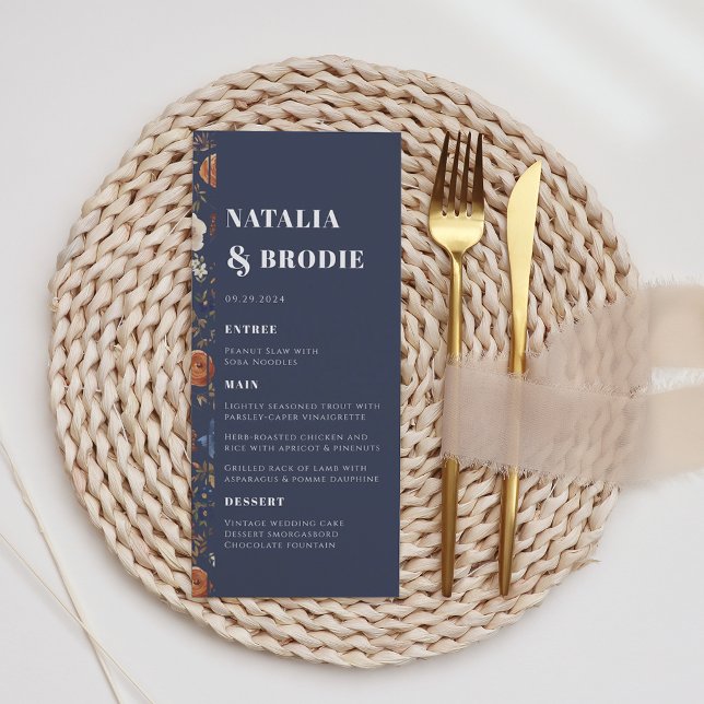 Rustic Navy Blue Terracotta Floral Menu Mariage (Créateur téléchargé)