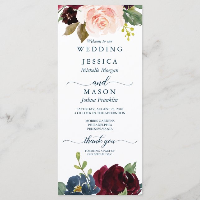 Rustic Navy Burgundy Wedding Programme (Devant)