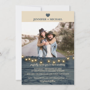 Rustic Navy Grange Wood Mariage Photo Invitation