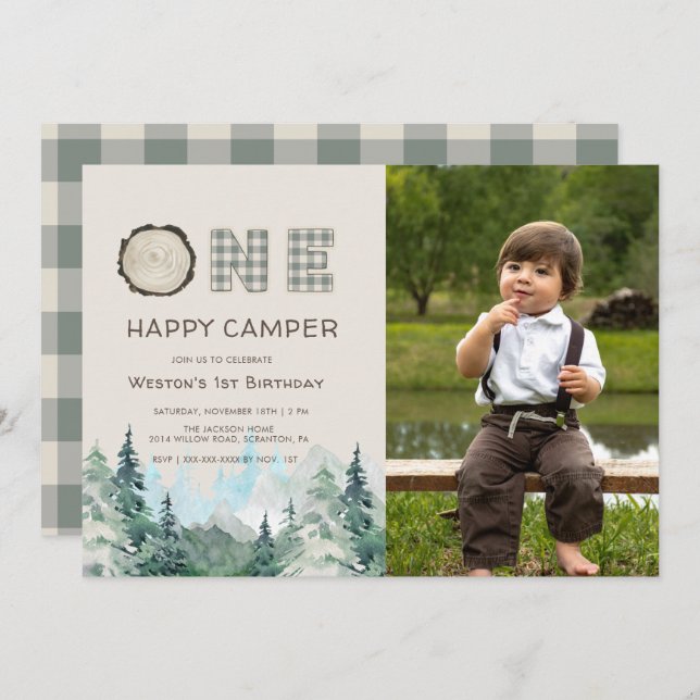 Rustic One Happy Camper Invitation Anniversaire (Devant / Derrière)