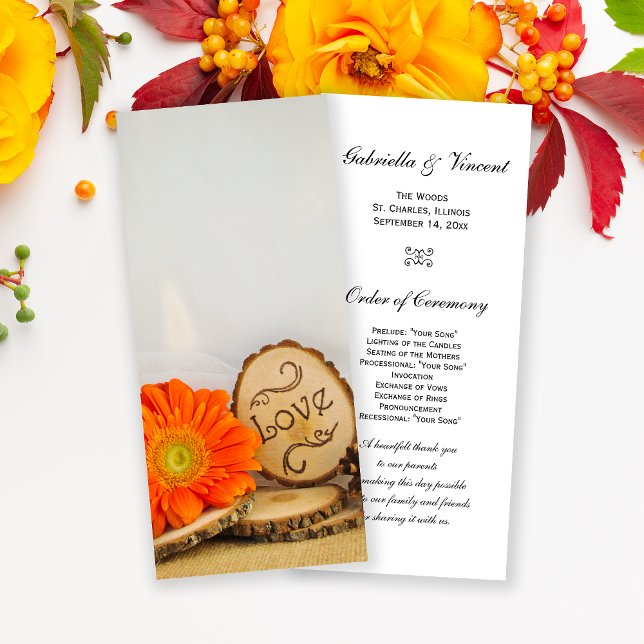 Rustic Orange Daisy Woodland Wedding Programme (Créateur téléchargé)
