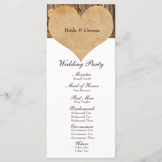 Rustic Parchment Heart Wood Wedding Programme (Devant)