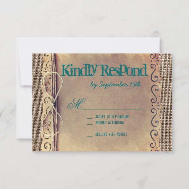 Rustic Pays Papier Vintage Mariage Turquoise RSVP (Devant)